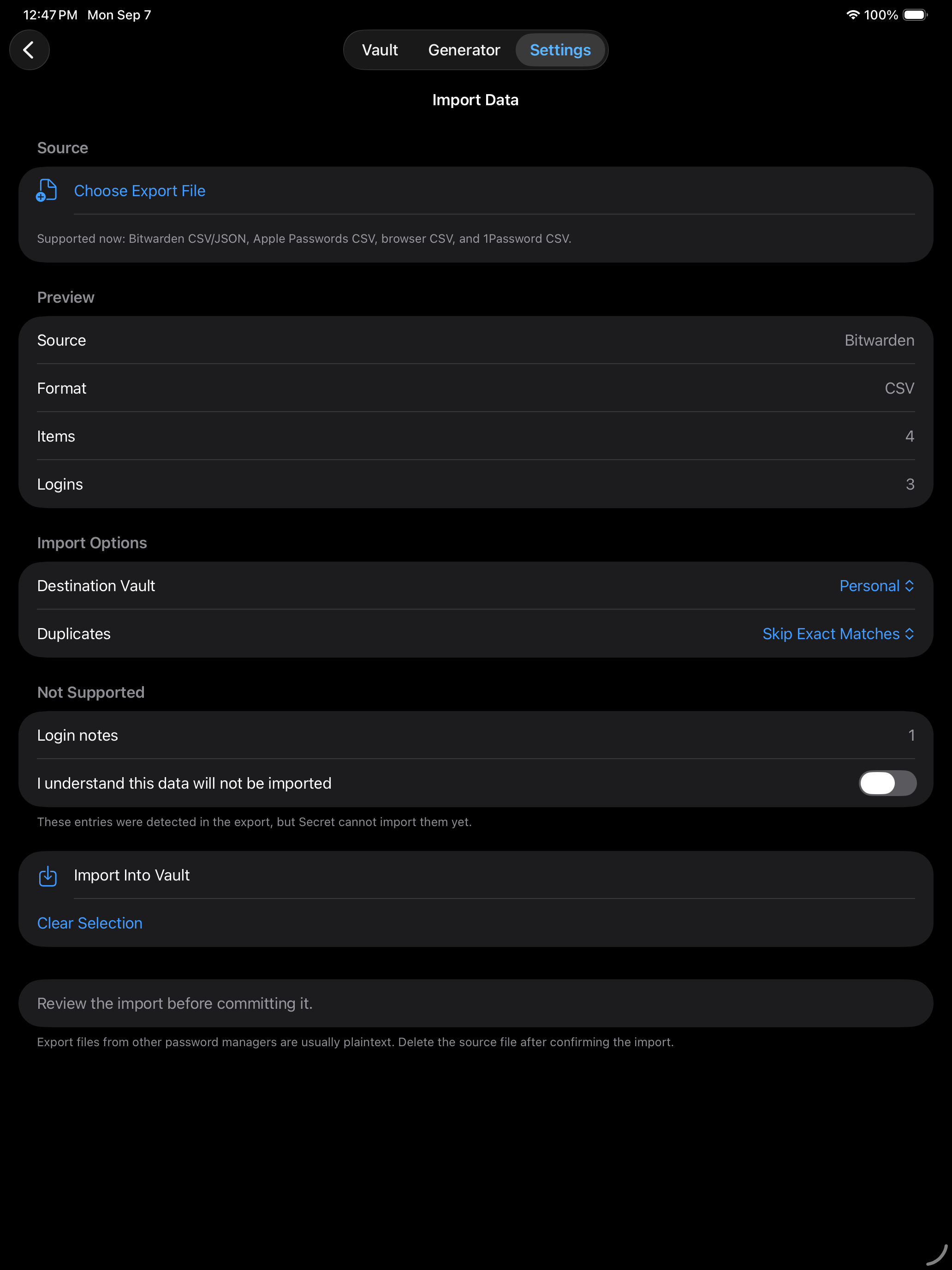 Secret import preview on iPad