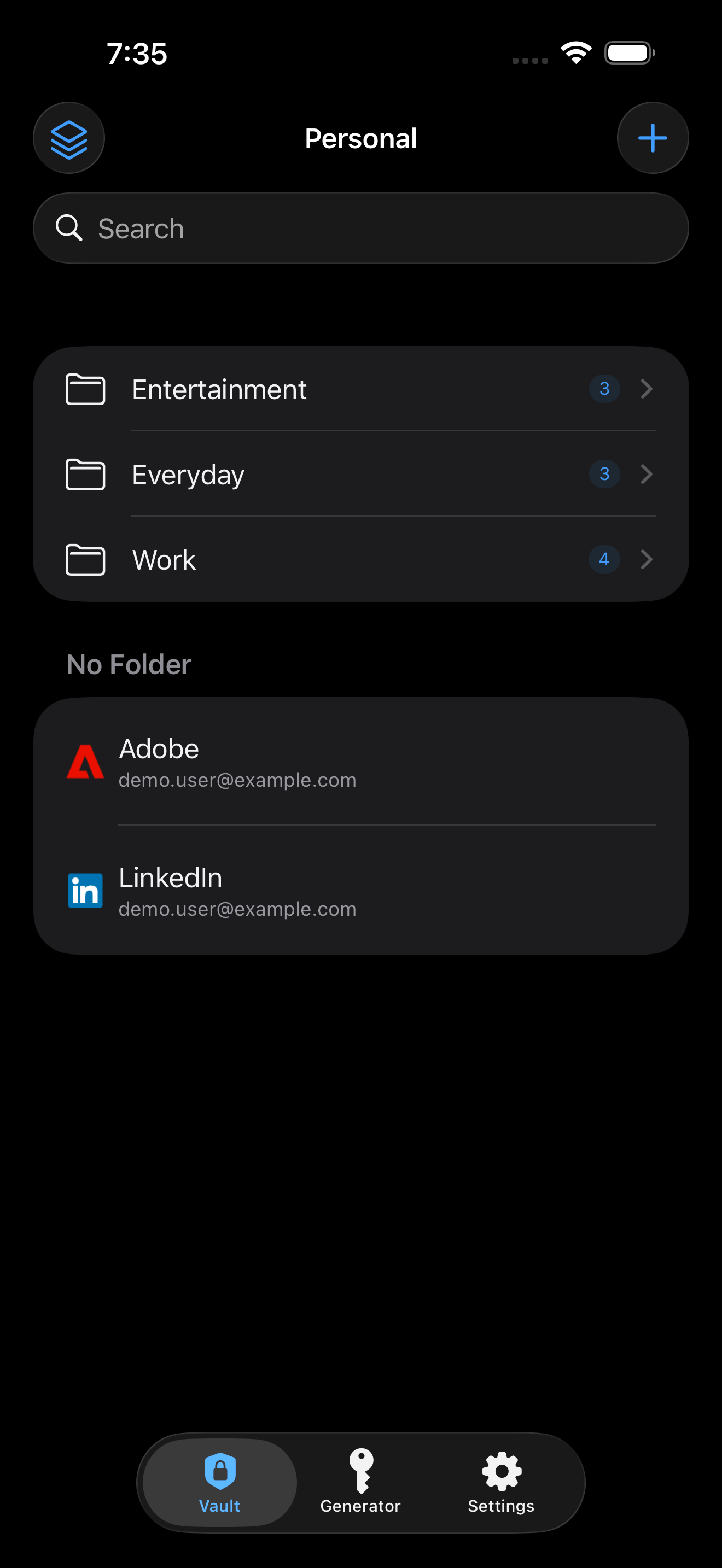 Secret vault on iPhone showing organized credentials