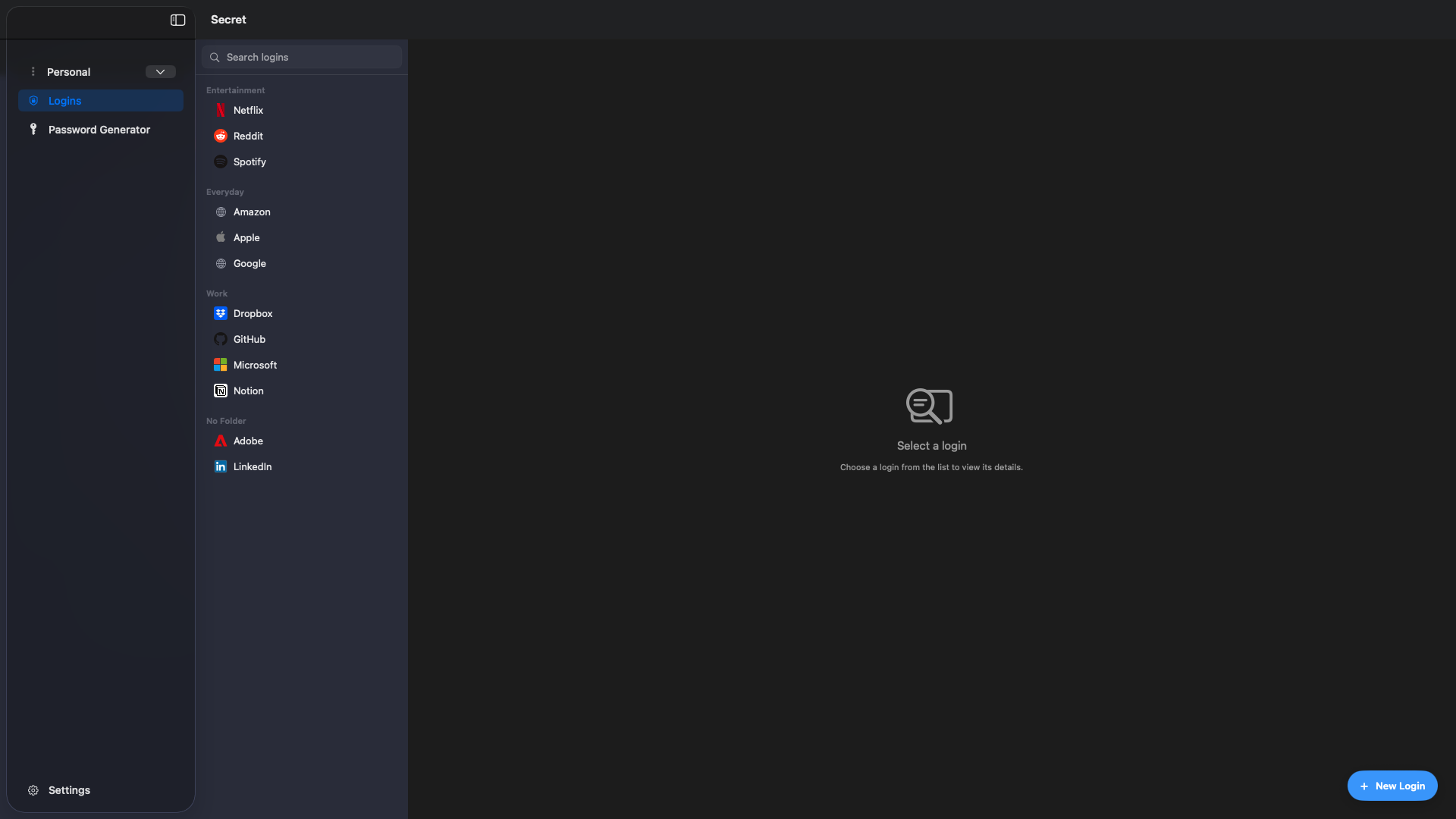 Secret vault on Mac showing folders and saved logins